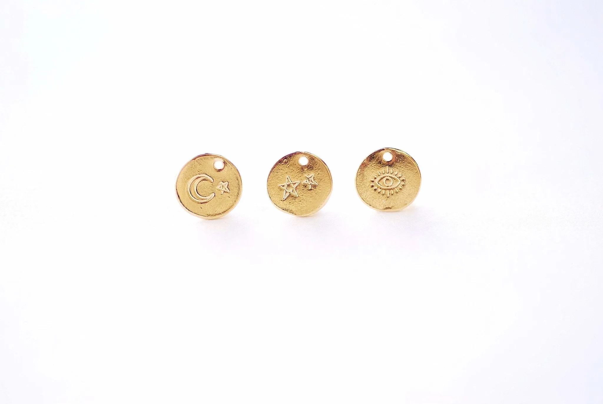 10mm Round Wholesale Coin Charm, Round Evil Eye Charm, Moon and Star Charm, Twinkle Star Charm, Vermeil 18k gold plated 925 Sterling Silver, J415