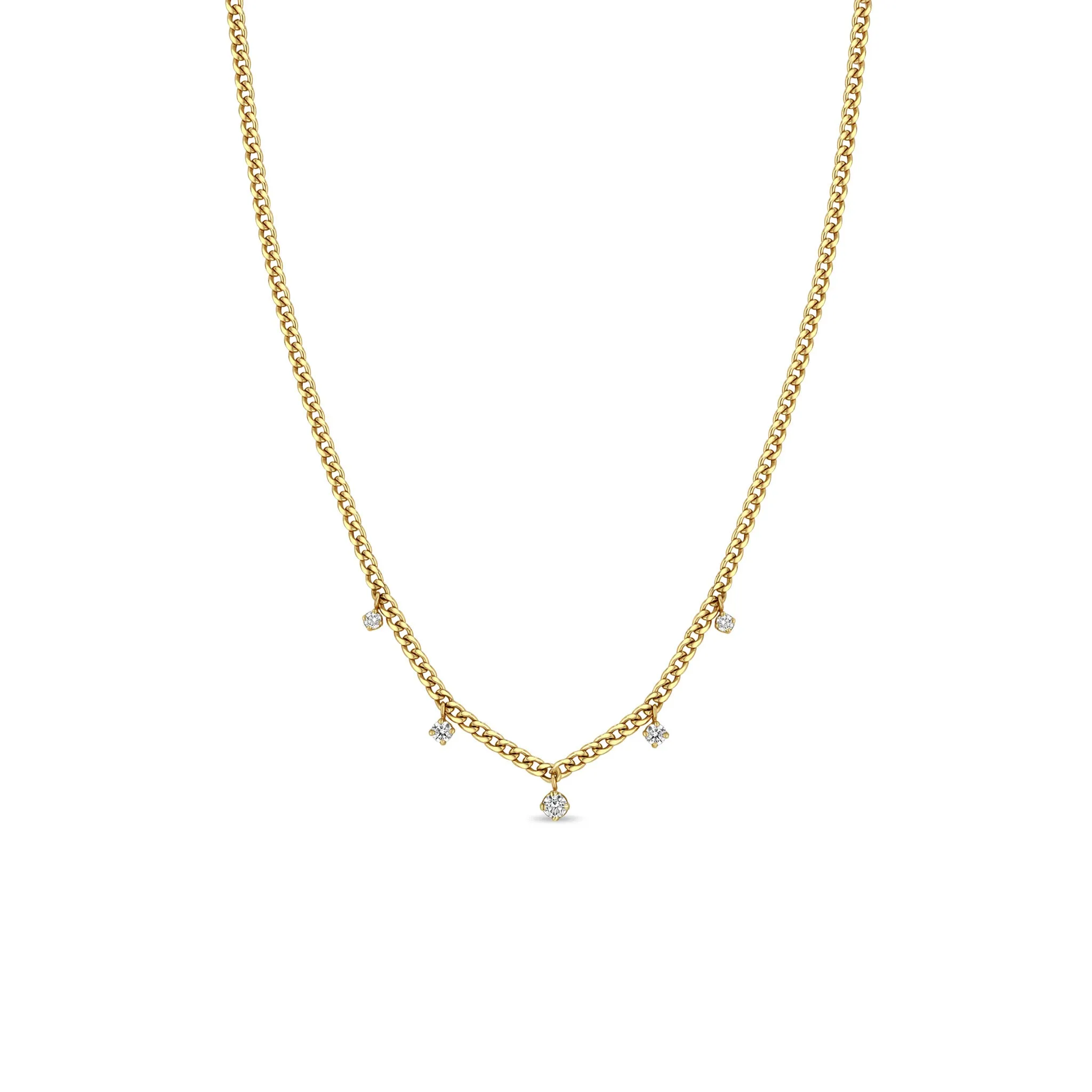 14k 5 Dangling Prong Diamond Extra Small Curb Chain Necklace