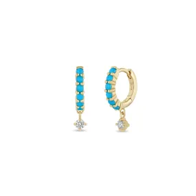 14k Dangling Diamond Prong Set Turquoise Hinge Huggie Hoops