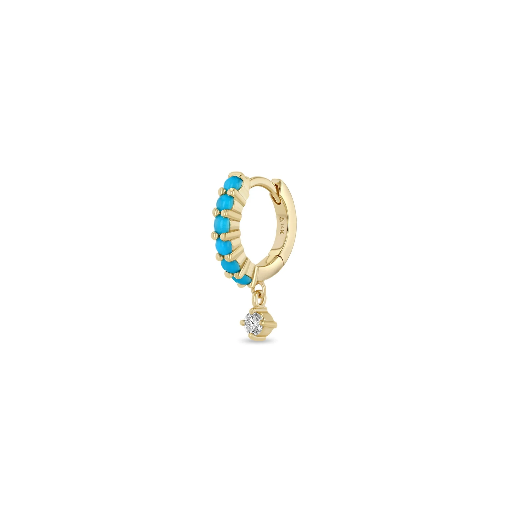 14k Dangling Diamond Prong Set Turquoise Hinge Huggie Hoops