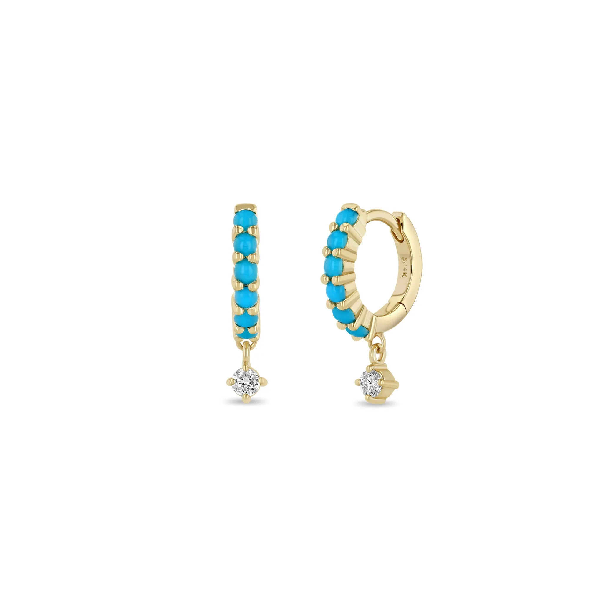 14k Dangling Diamond Prong Set Turquoise Hinge Huggie Hoops