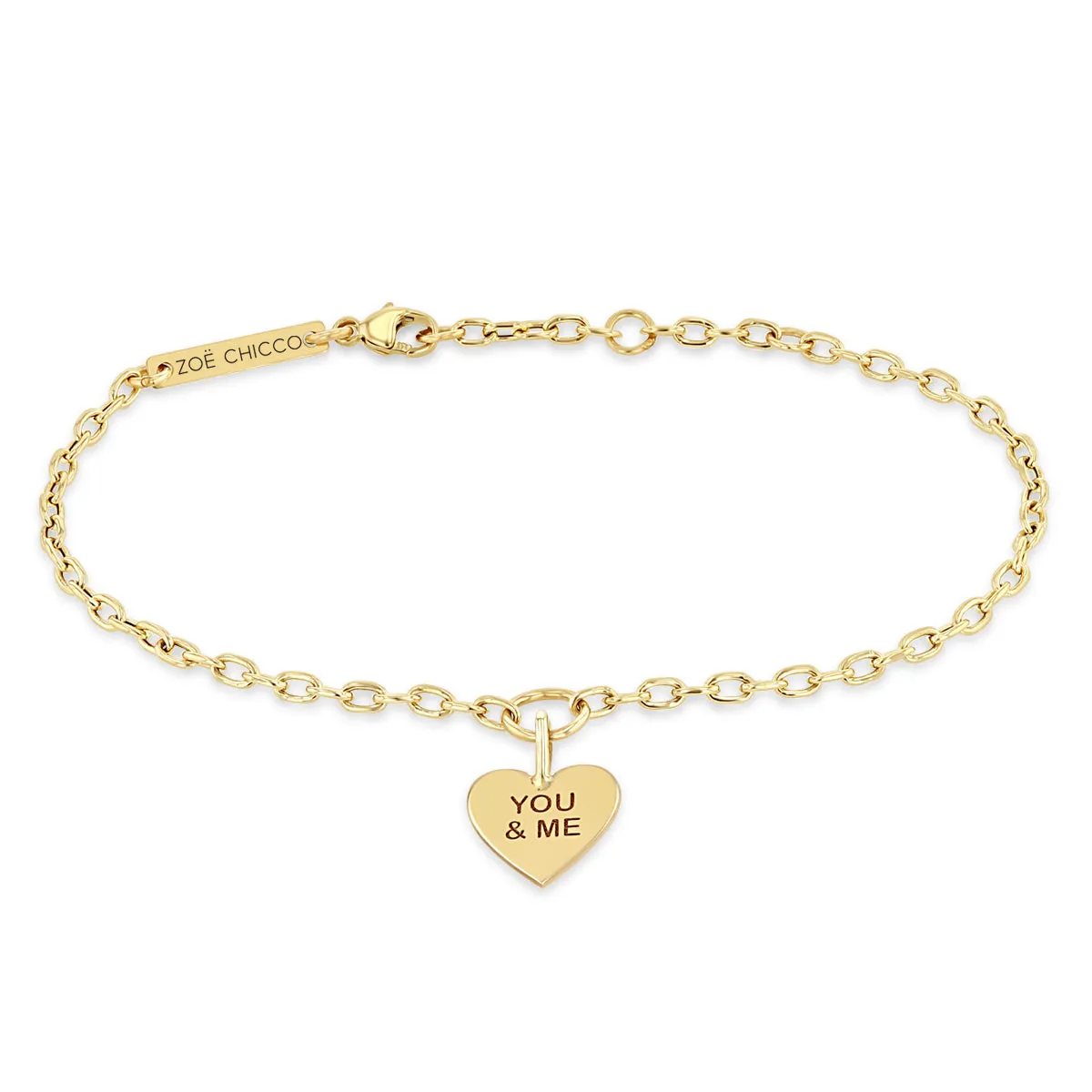 14k Gold Candy Heart Charm Small Square Oval Link Bracelet