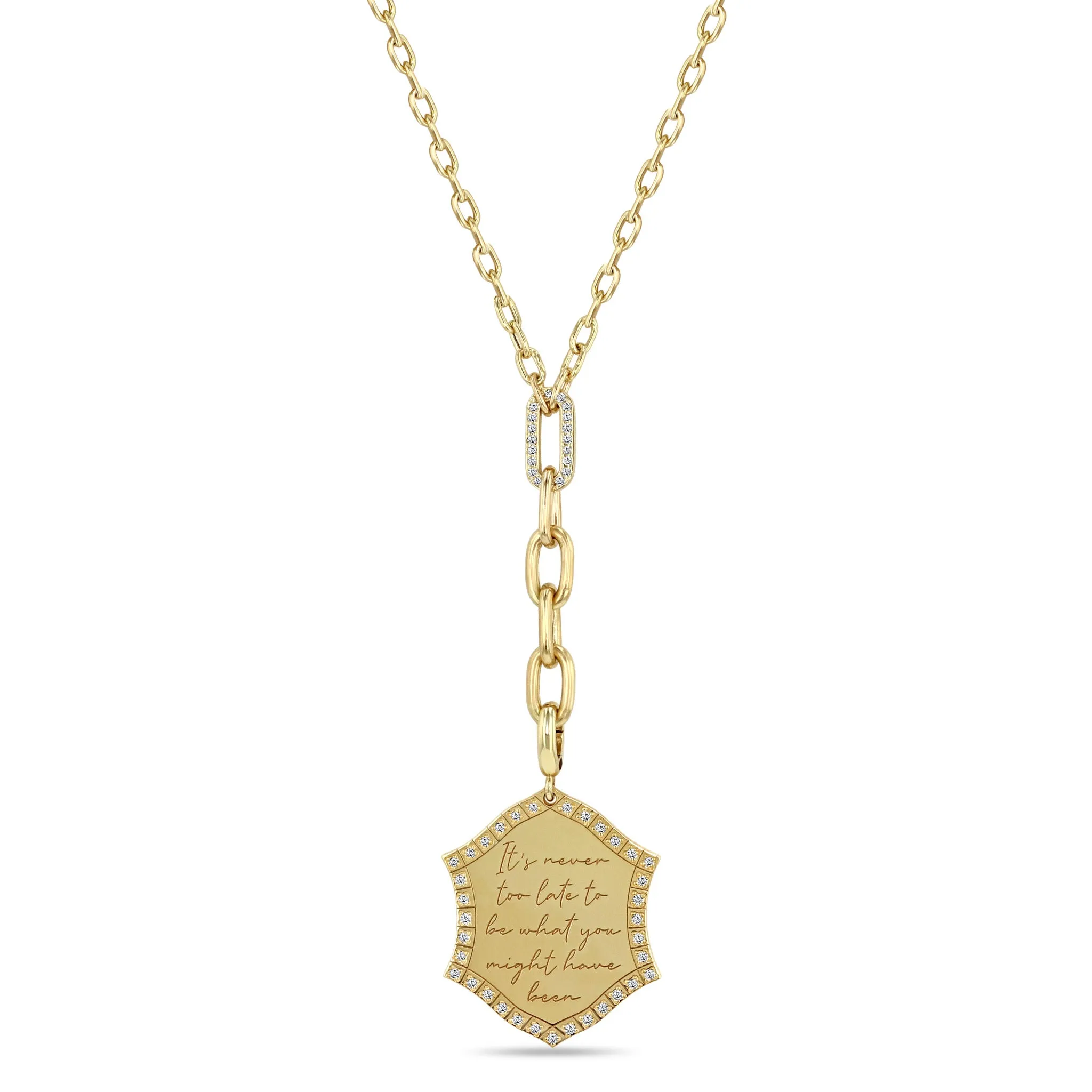 14k It's never too late to be what you might have been Mantra Shield Diamond Lariat Necklace