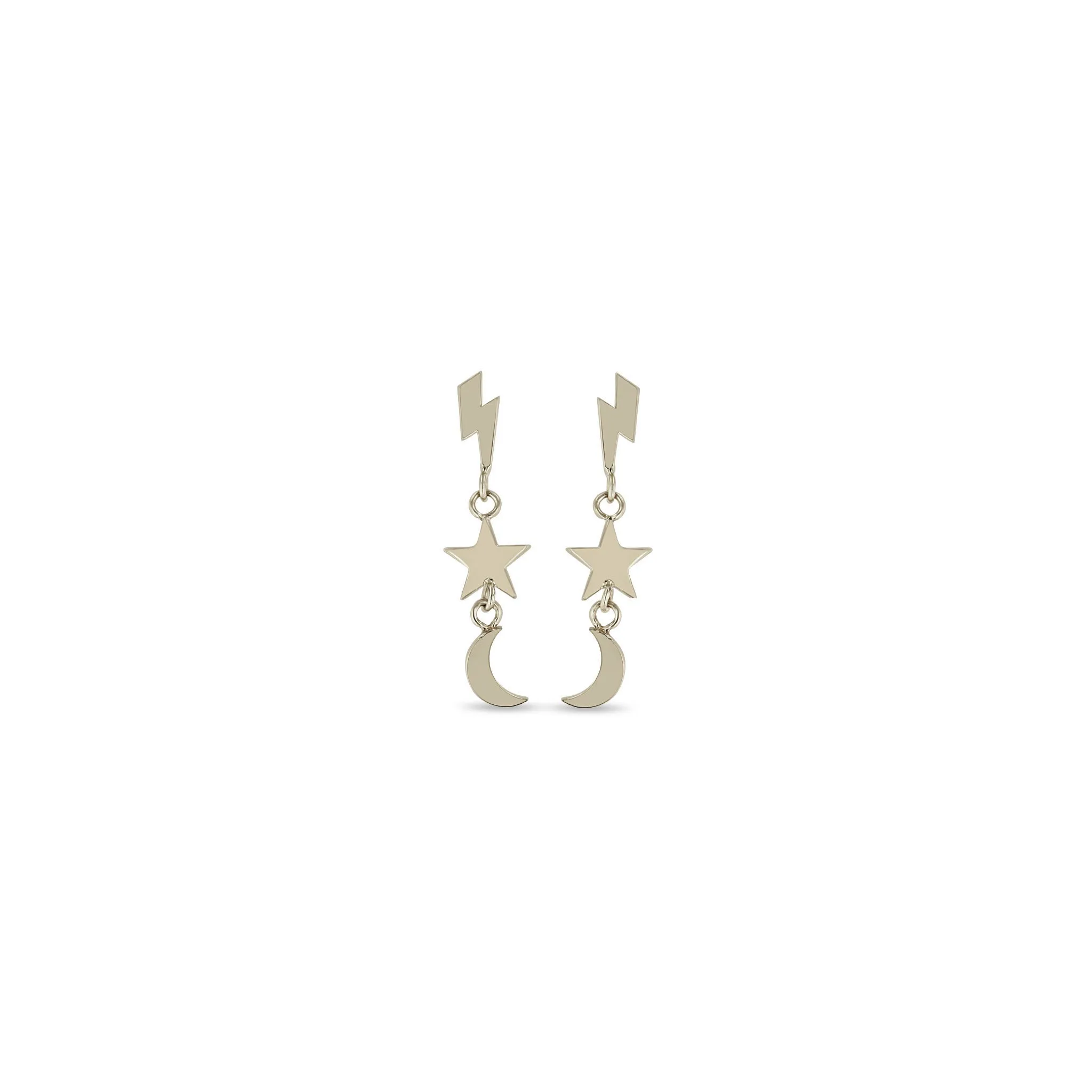 14k Itty Bitty Lightning Bolt, Star, & Moon Drop Earrings