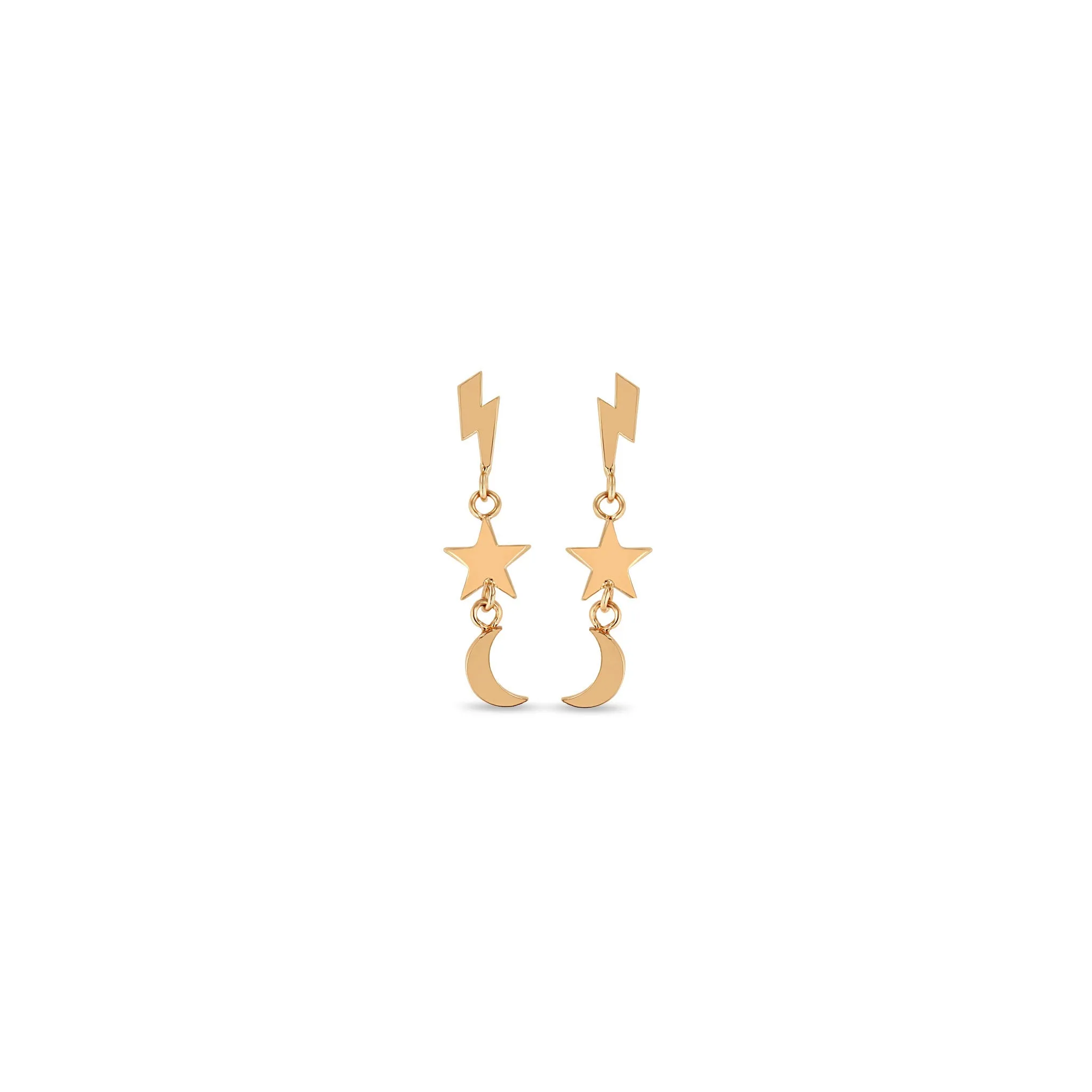 14k Itty Bitty Lightning Bolt, Star, & Moon Drop Earrings