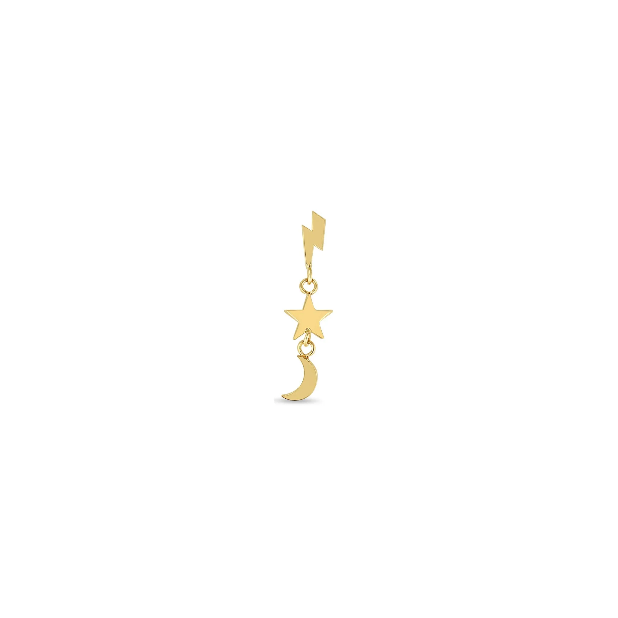 14k Itty Bitty Lightning Bolt, Star, & Moon Drop Earrings