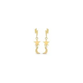 14k Itty Bitty Lightning Bolt, Star, & Moon Drop Earrings