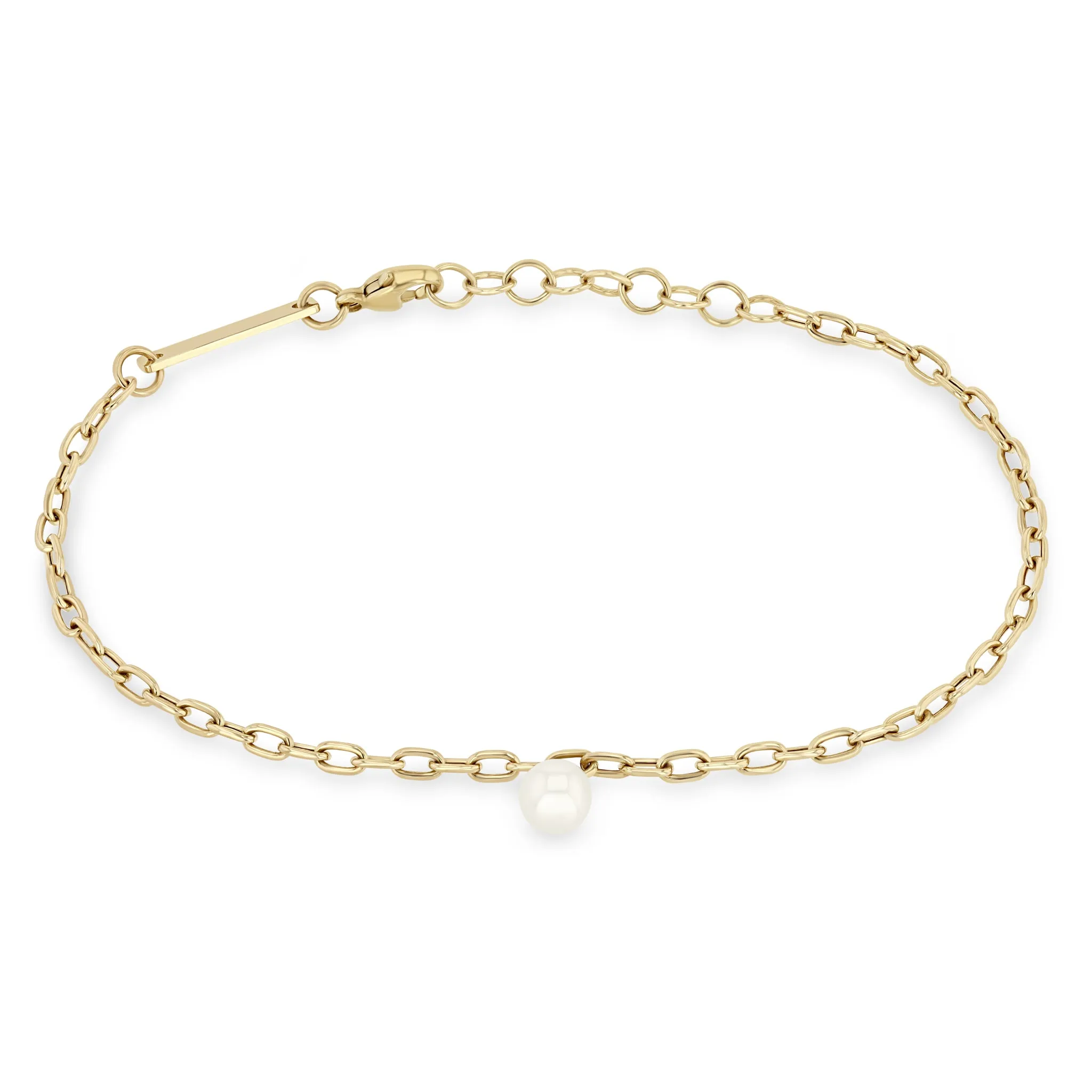 14k Small Square Oval Link Pearl Dangle Bracelet