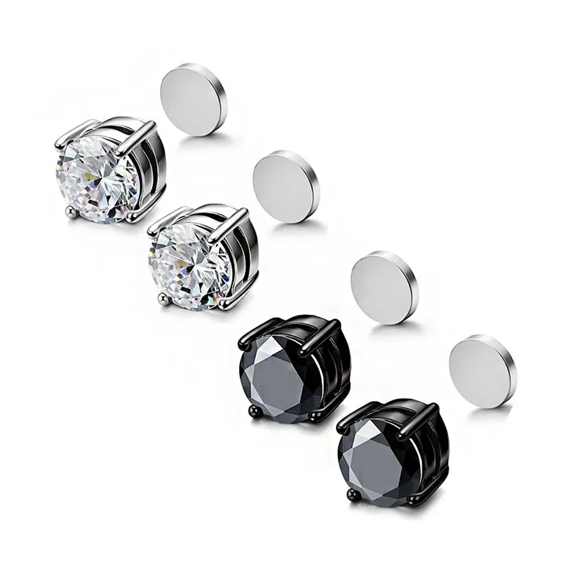 4 Pairs Stainless Steel Stud Earrings for Men Women Ear Non - Piercing Earrings Cubic Zirconia Inlaid