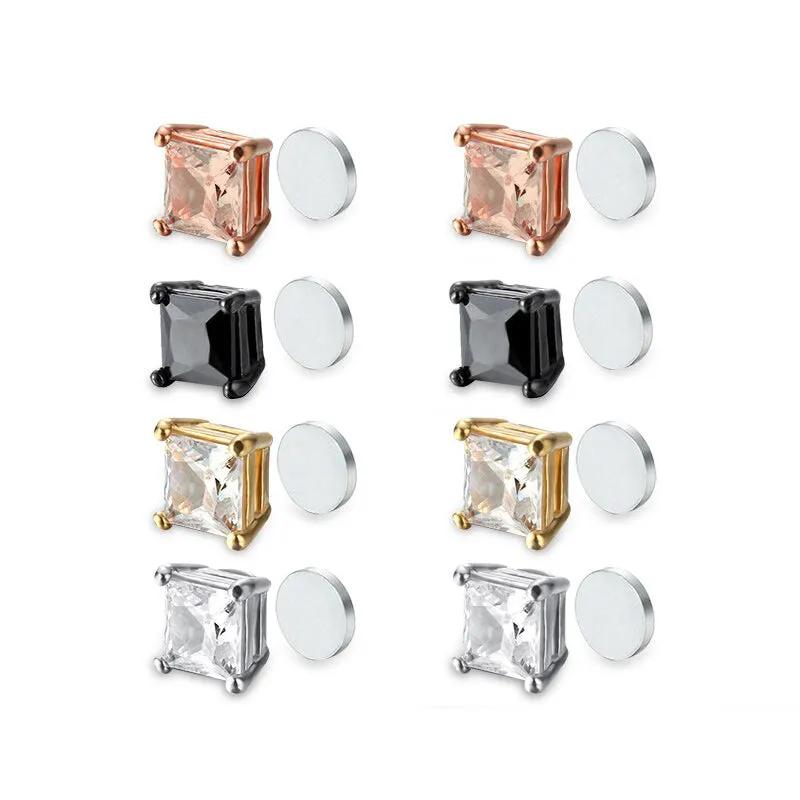 4 Pairs Stainless Steel Stud Earrings for Men Women Ear Non - Piercing Earrings Cubic Zirconia Inlaid