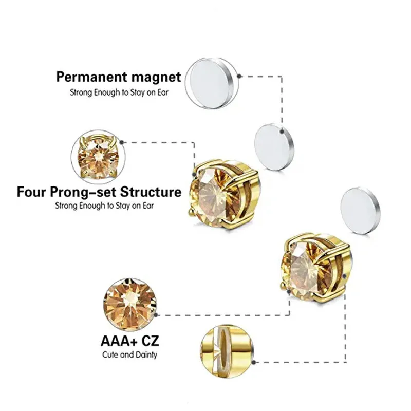 4 Pairs Stainless Steel Stud Earrings for Men Women Ear Non - Piercing Earrings Cubic Zirconia Inlaid