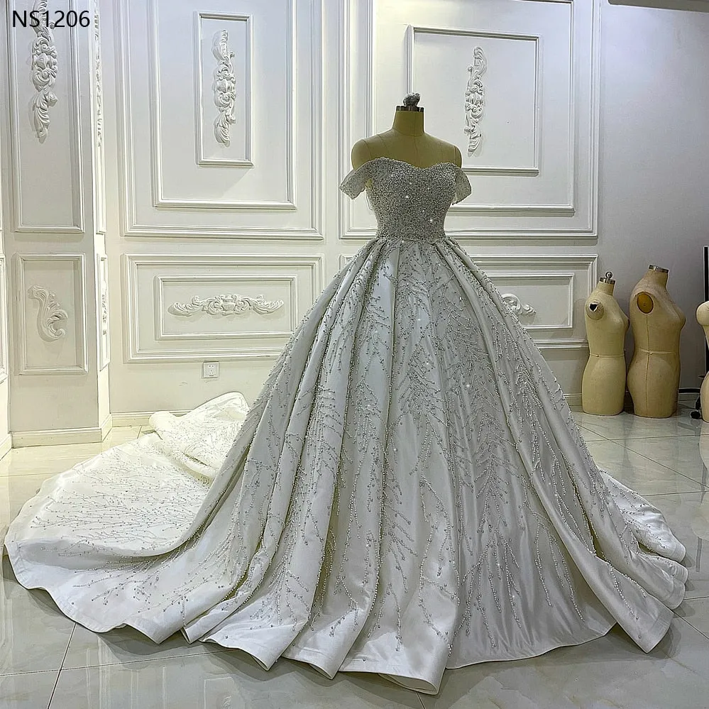 AM1206 Off Shoulder Luxury Swarovski crystal Beading satin ballgown Wedding Dress