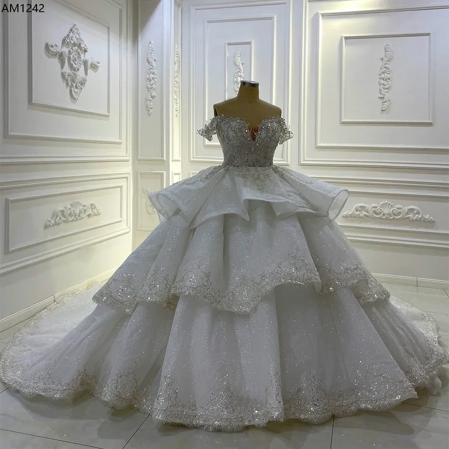 AM1242 Off Shoulder Ruffles Plus size short sleeve Luxury Wedding Dress