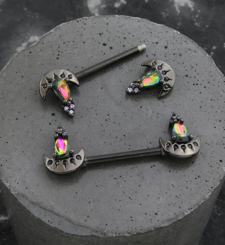 Black PVD Crescent Moon Black Aurora CZ Stainless Steel Nipple Barbell