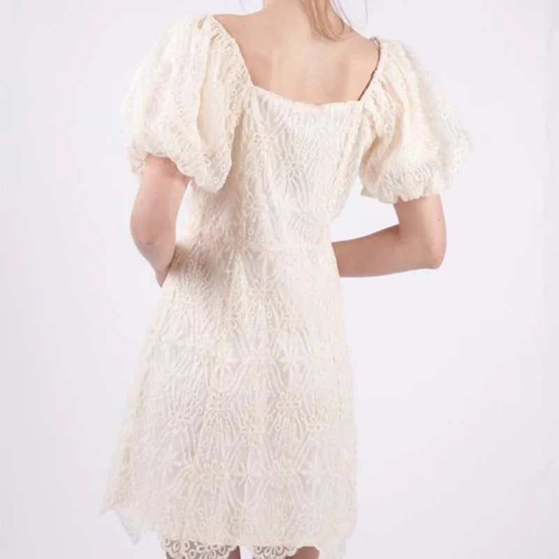 Bubble Sleeve Lace White Dress