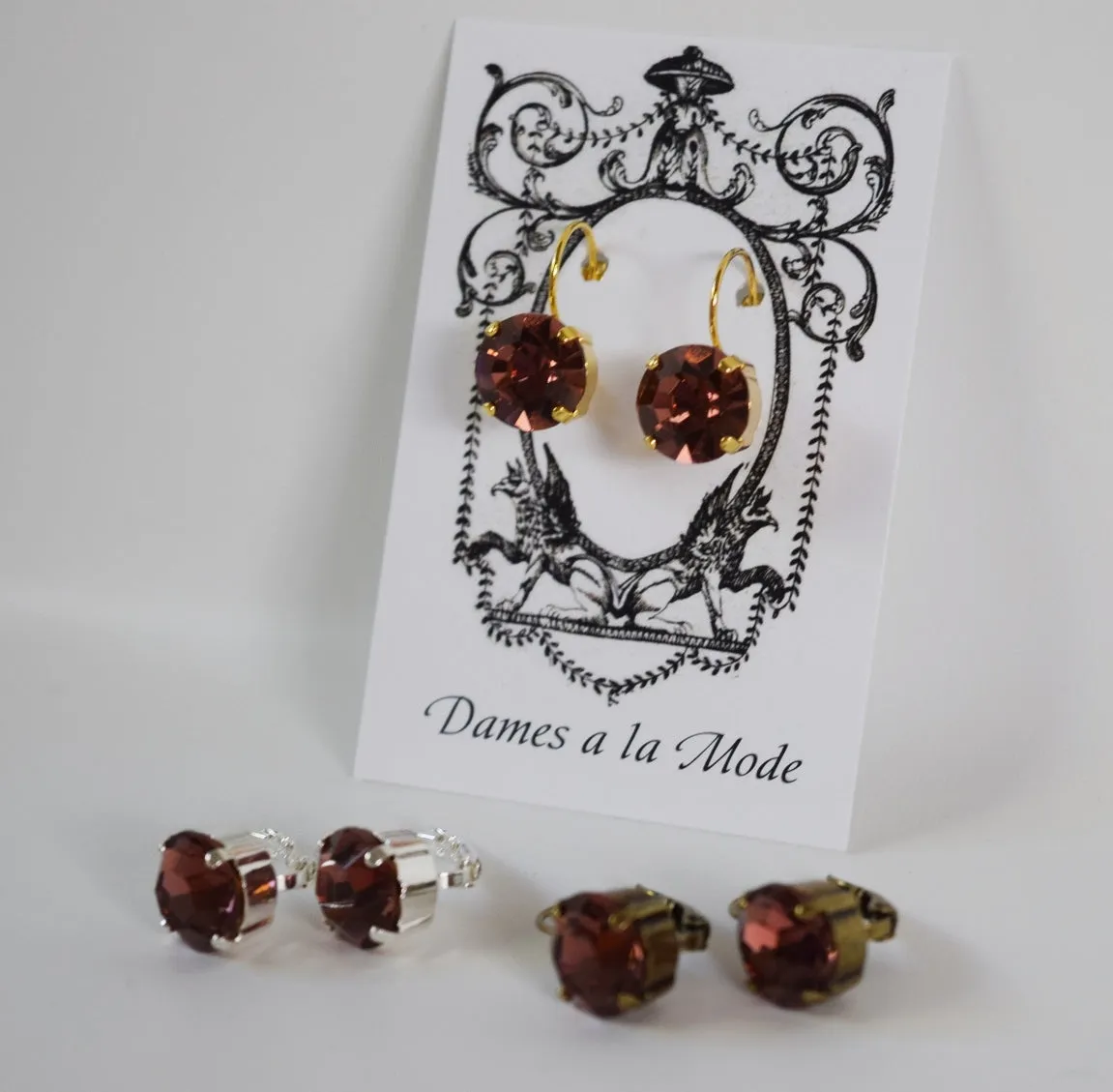 Burgundy Swarovski Crystal Earrings - Small Round