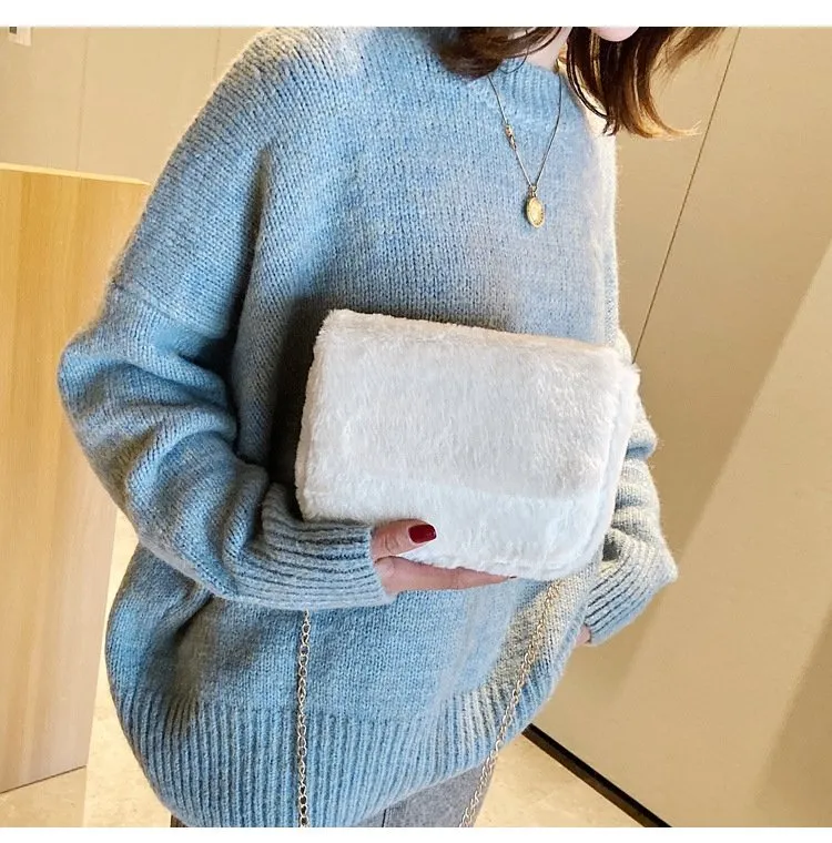 Chic Flap Design Solid Color Plush Crossbody Bag