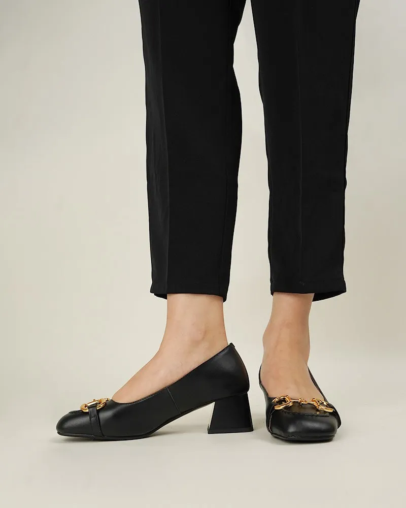 Classic Metal Buckle Mid Heel Shallow Mouth Loafers