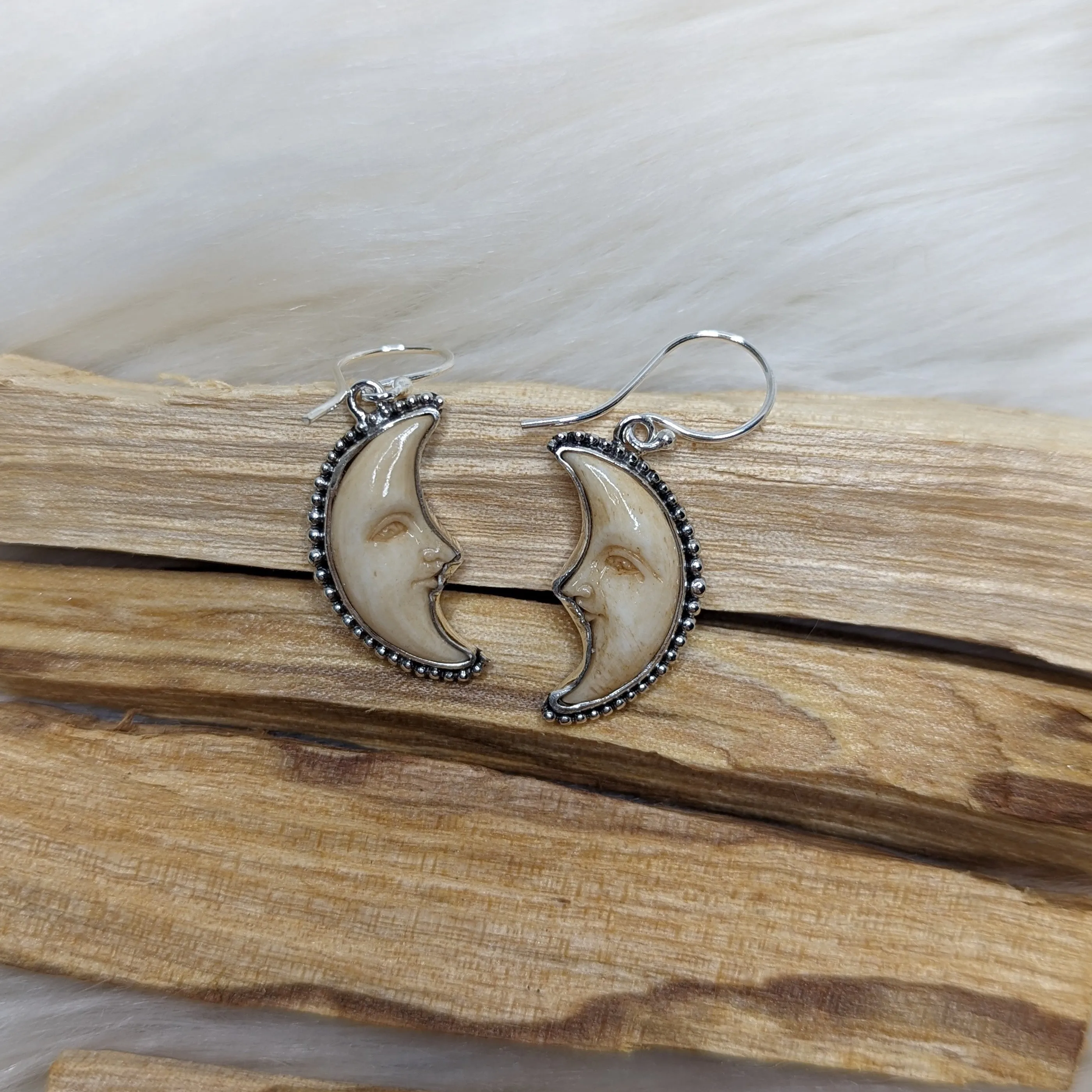 Crescent Moon Face Bone Carving Earrings in Sterling Silver