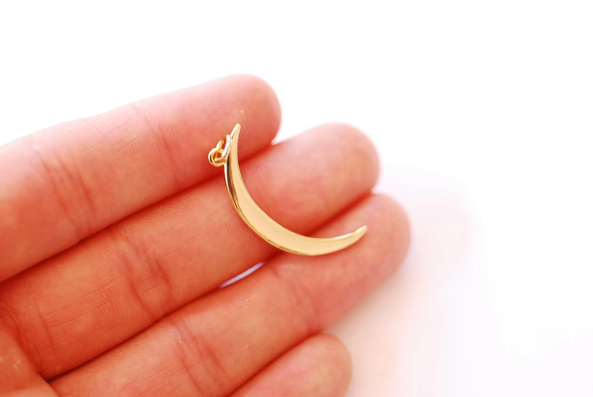 Crescent Moon Wholesale Thin Charm Pendant | 16k Gold plated Brass | Half Moon Horn Attached Bail HarperCrown B318