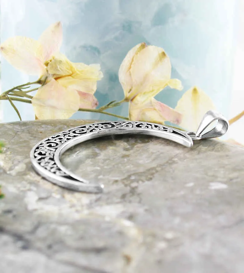 Crescent Moon With Decorative Spirals and Swirls Pendant