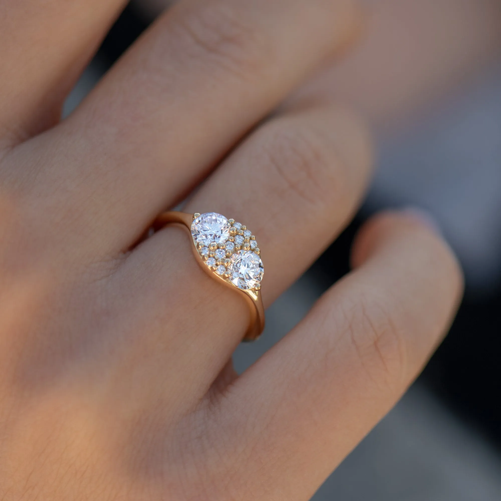 Dual Diamond Engagement Ring with a Cluster of Brilliant Cut Diamonds