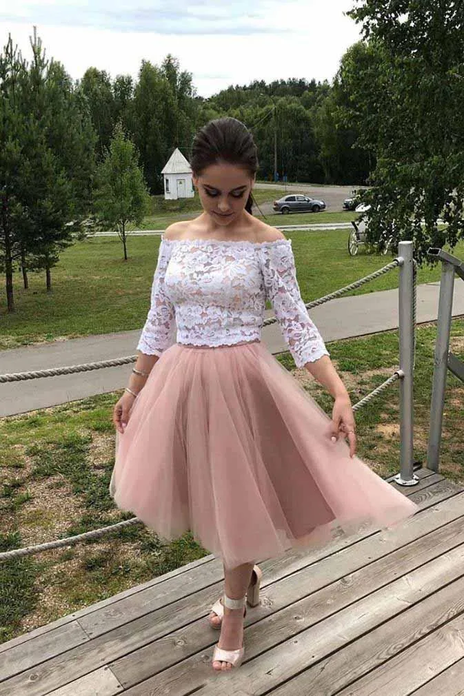 Elegant 3/4 Sleeves Lace Off the Shoulder Short Tulle Prom Dresses Two Piece Hoco Dress