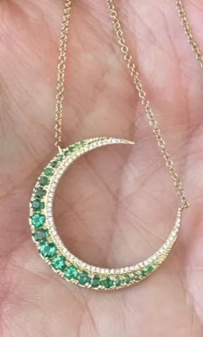 Emerald Diamond Crescent Moon Necklace