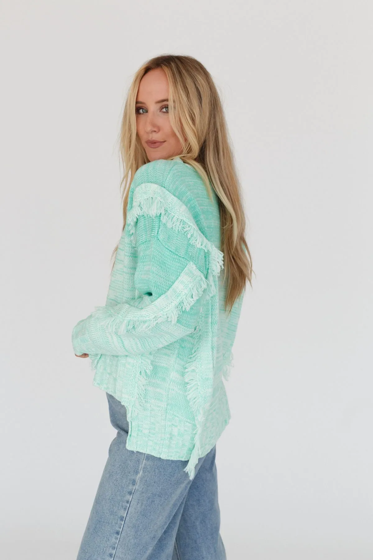 Fade Away Fringe Sweater - Seafoam