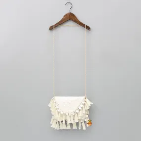 Faux Mirror Work Georgette Off White Sling Bag