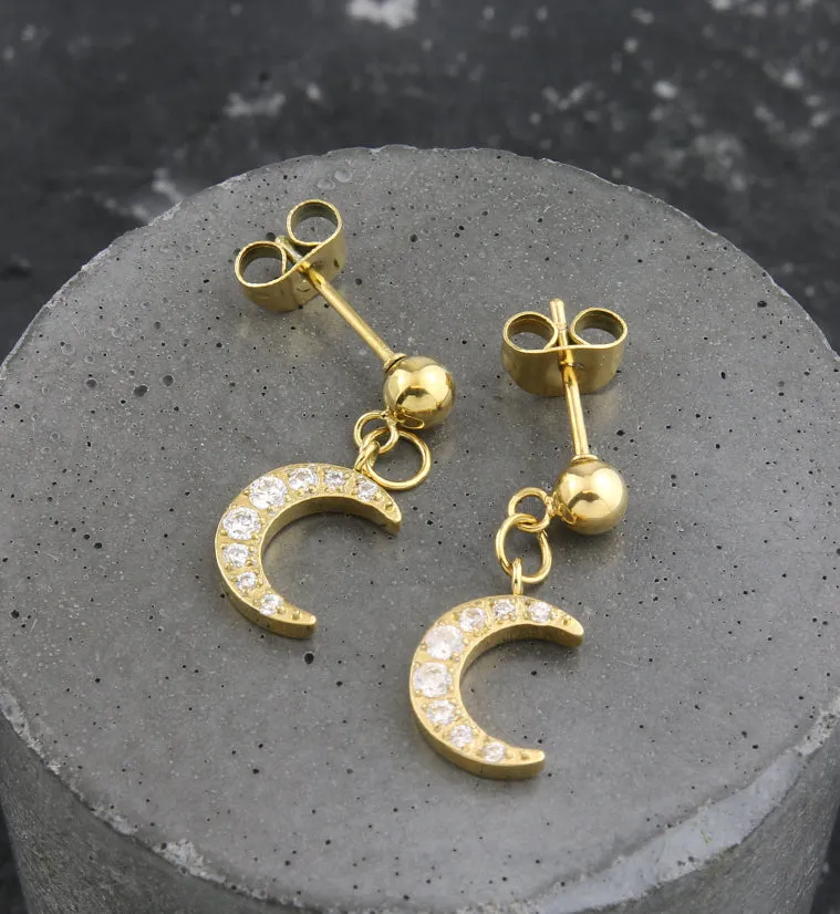 Gold PVD Crescent Moon CZ Dangle Stainless Steel Stud Earrings