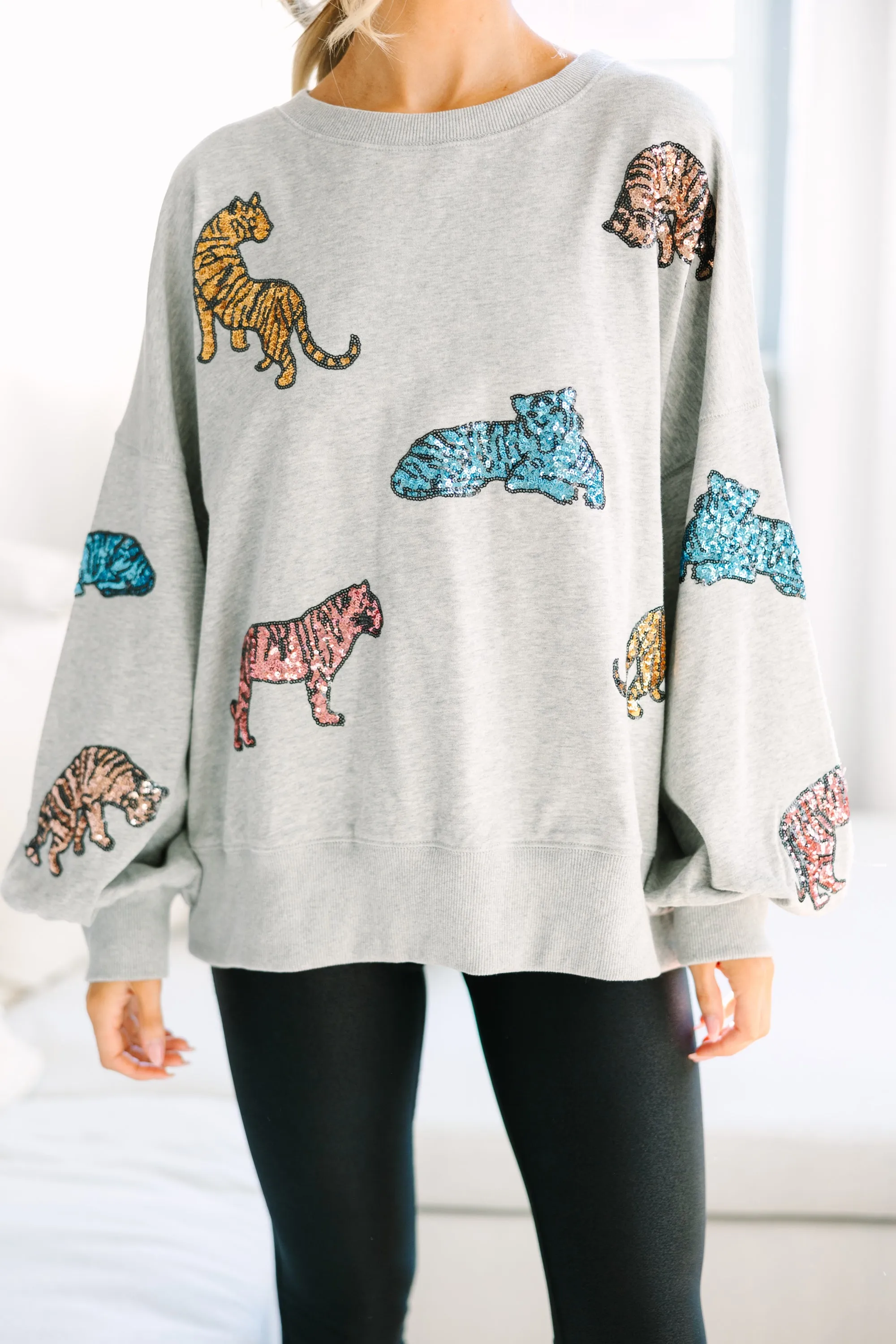 Live For Love Heather Gray Sequin Tiger Pullover