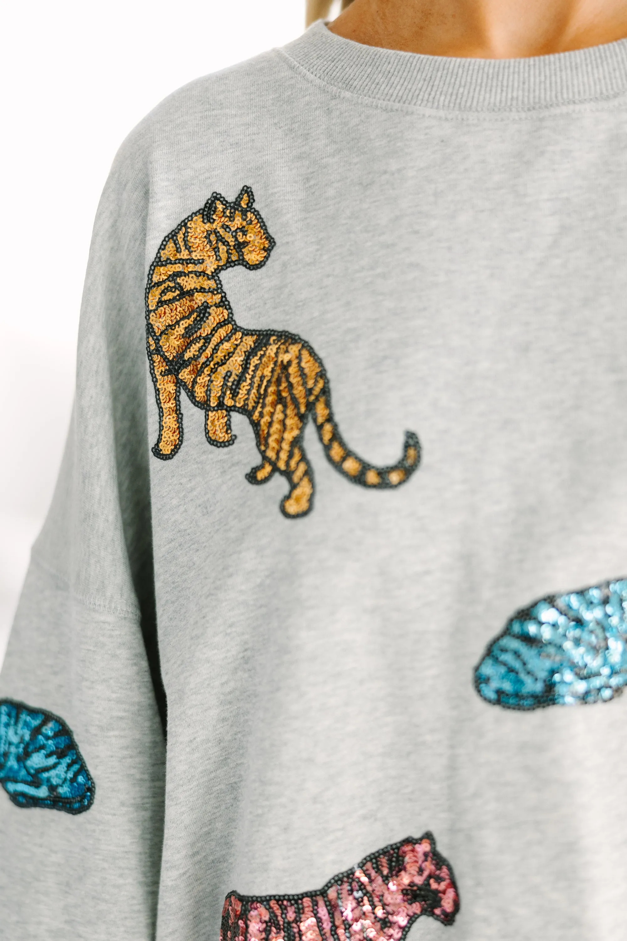 Live For Love Heather Gray Sequin Tiger Pullover