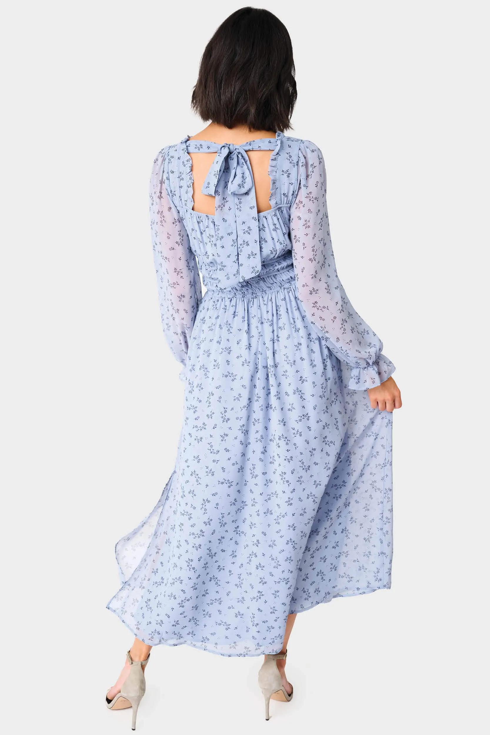 Long Sleeve Square Neck Shirred Maxi Dress