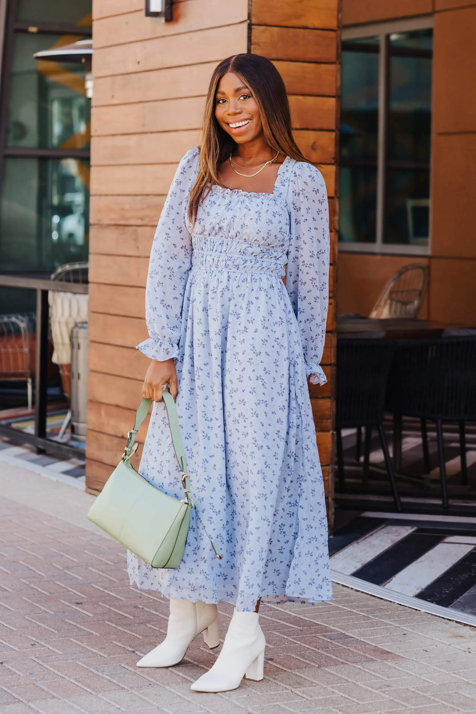 Long Sleeve Square Neck Shirred Maxi Dress