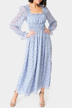 Long Sleeve Square Neck Shirred Maxi Dress