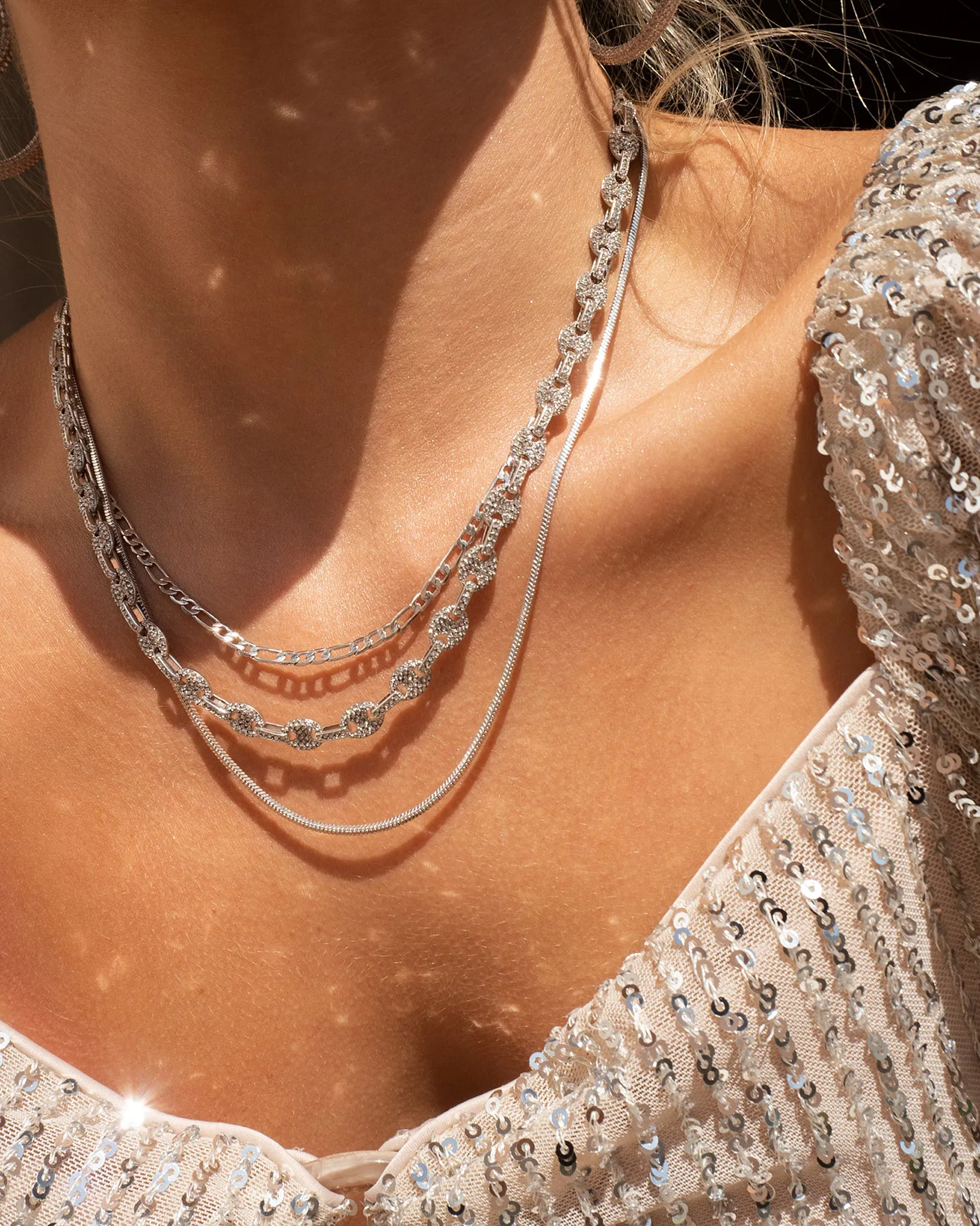 Luv Aj Cecilia Figaro and Herringbone Layering Double Chain Necklace in Rhodium