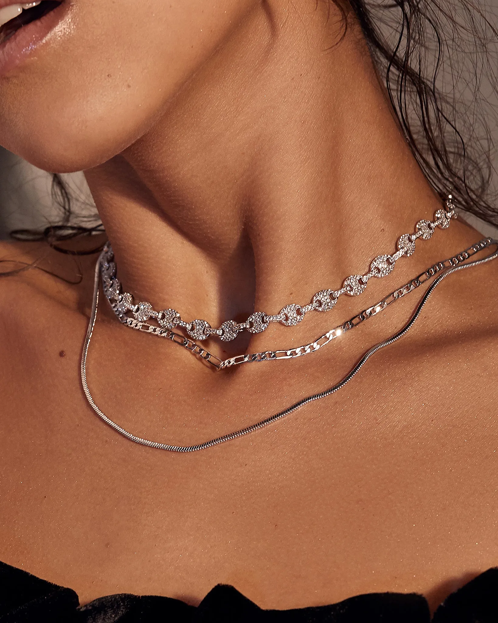 Luv Aj Cecilia Figaro and Herringbone Layering Double Chain Necklace in Rhodium