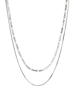 Luv Aj Cecilia Figaro and Herringbone Layering Double Chain Necklace in Rhodium