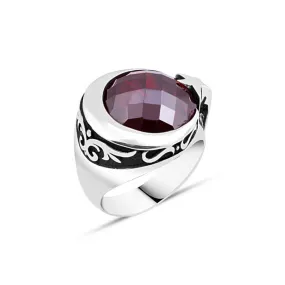 Moon and Star Symbol Around Facet Cut Red Circle Zircon Stone Silver Men's Ring