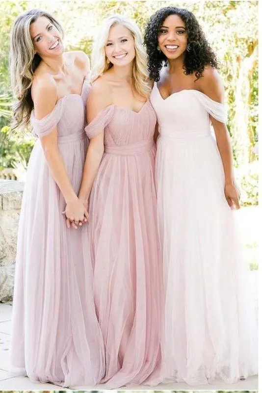 New Style A Line Tulle Sweetheart Off the Shoulder Long Ruffles Bridesmaid Dresses all