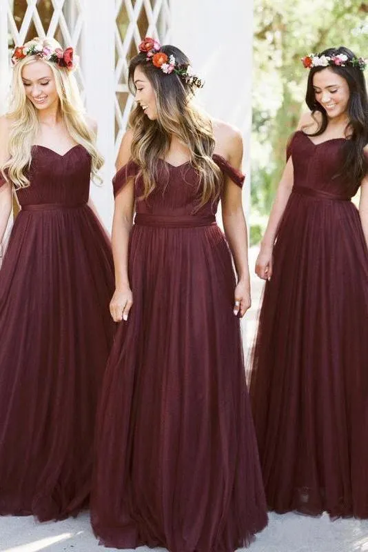 New Style A Line Tulle Sweetheart Off the Shoulder Long Ruffles Bridesmaid Dresses all