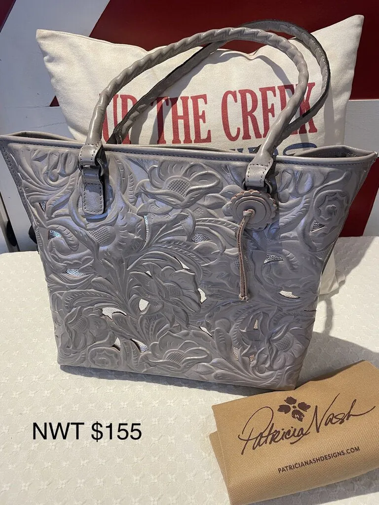 NWT Patricia Nash Adeline Tooled Cutout Cavo Silver/Grey Tote