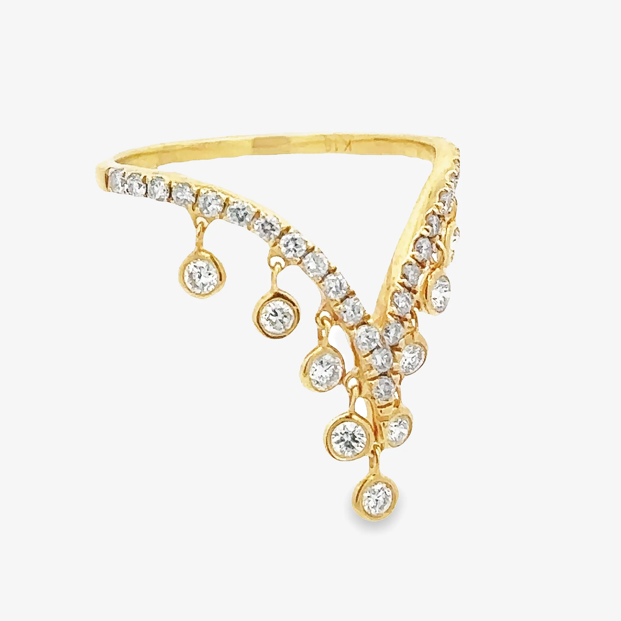 Pave & Bezel Set Diamond Dangle V Ring