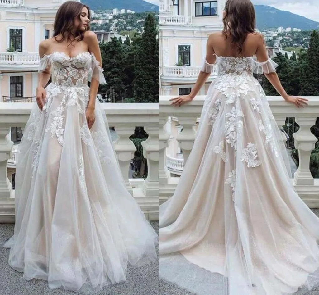 Princess A Line Off the Shoulder Sweetheart Beach Wedding Dresses with Appliques STK15585