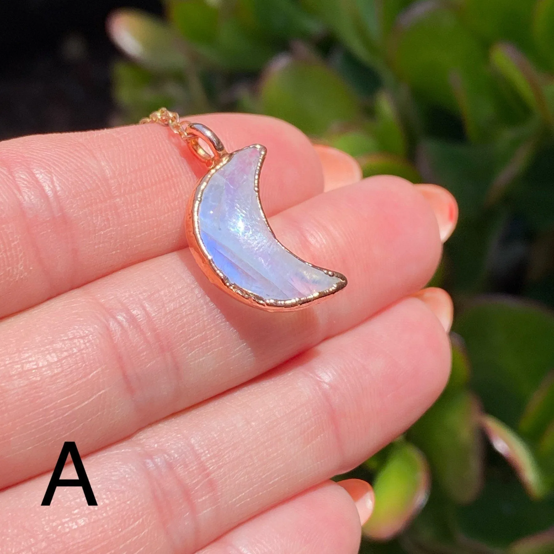 Rainbow moonstone crescent moon necklace