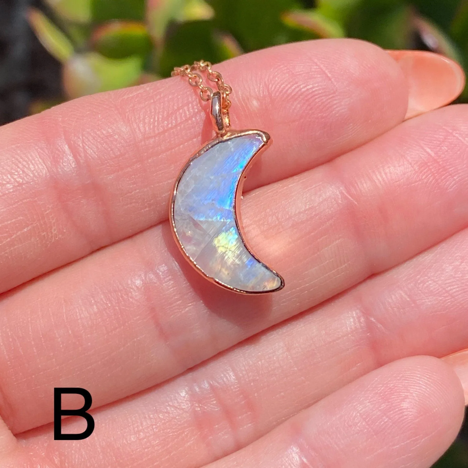 Rainbow moonstone crescent moon necklace