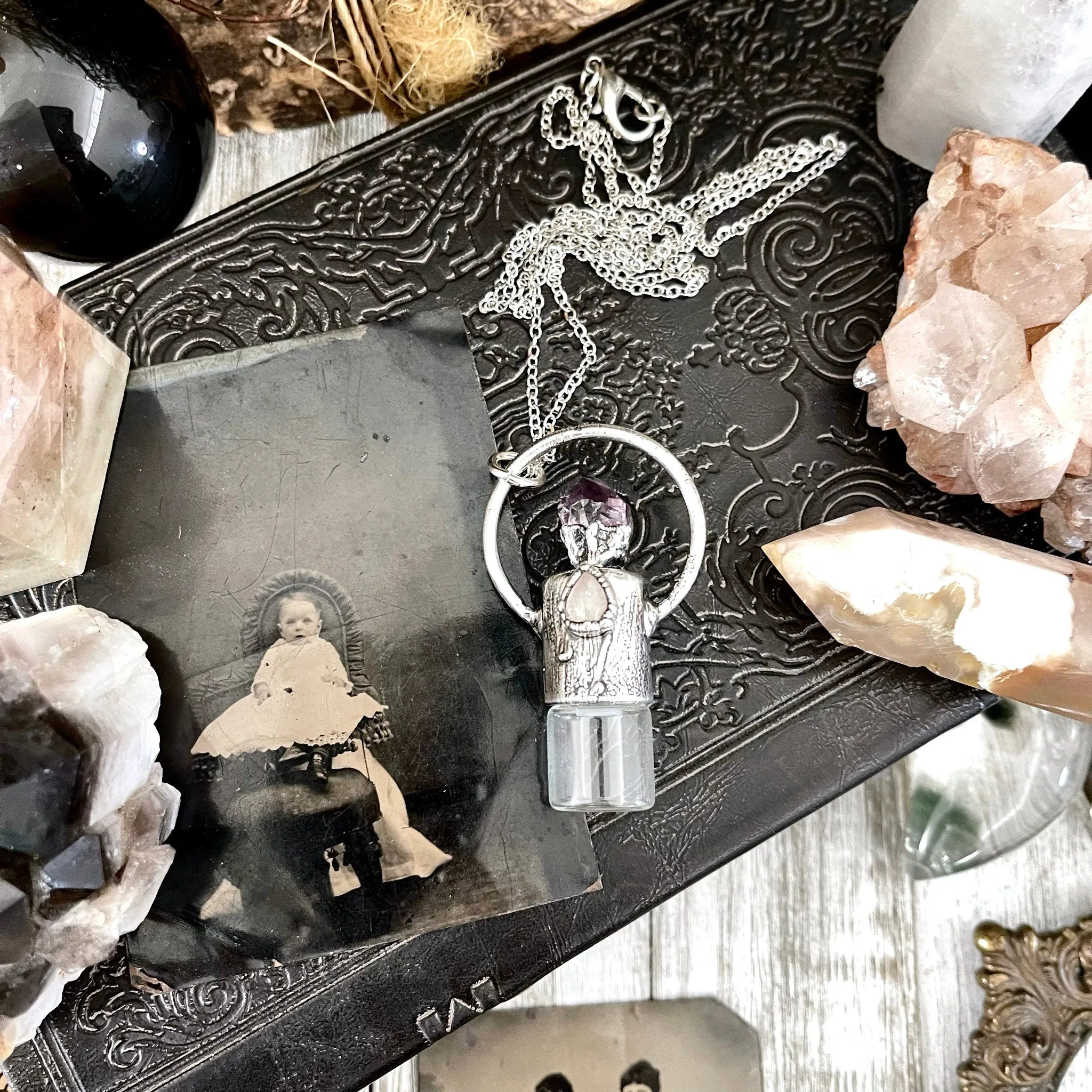 Raw Amethyst and Quartz Crystal Necklace / Silver Crystal Rollerball Necklace