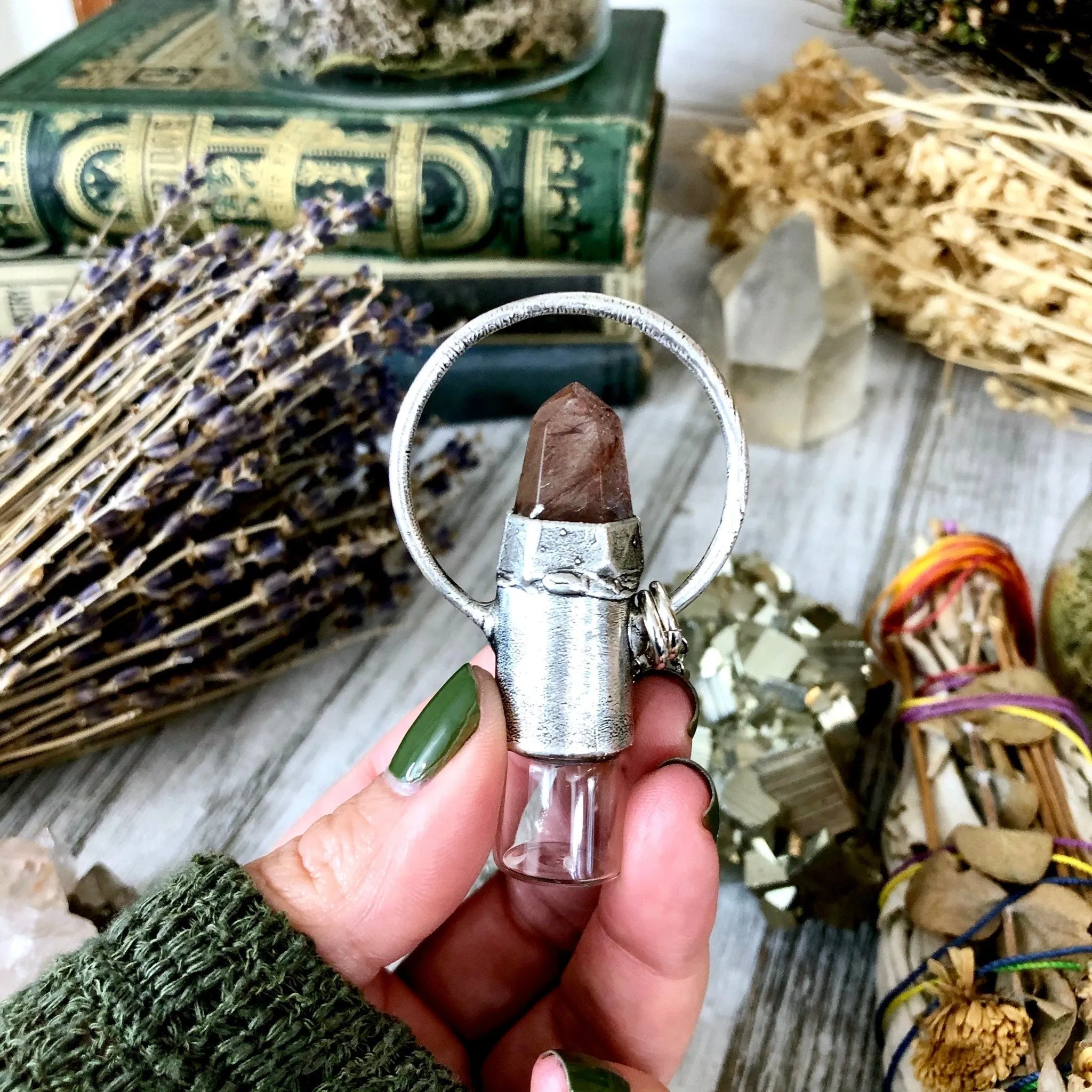 Rutilated Quartz Crystal Essential Oil Rollerball Necklace Pendant in Silver / Foxlark Collection - One of a Kind