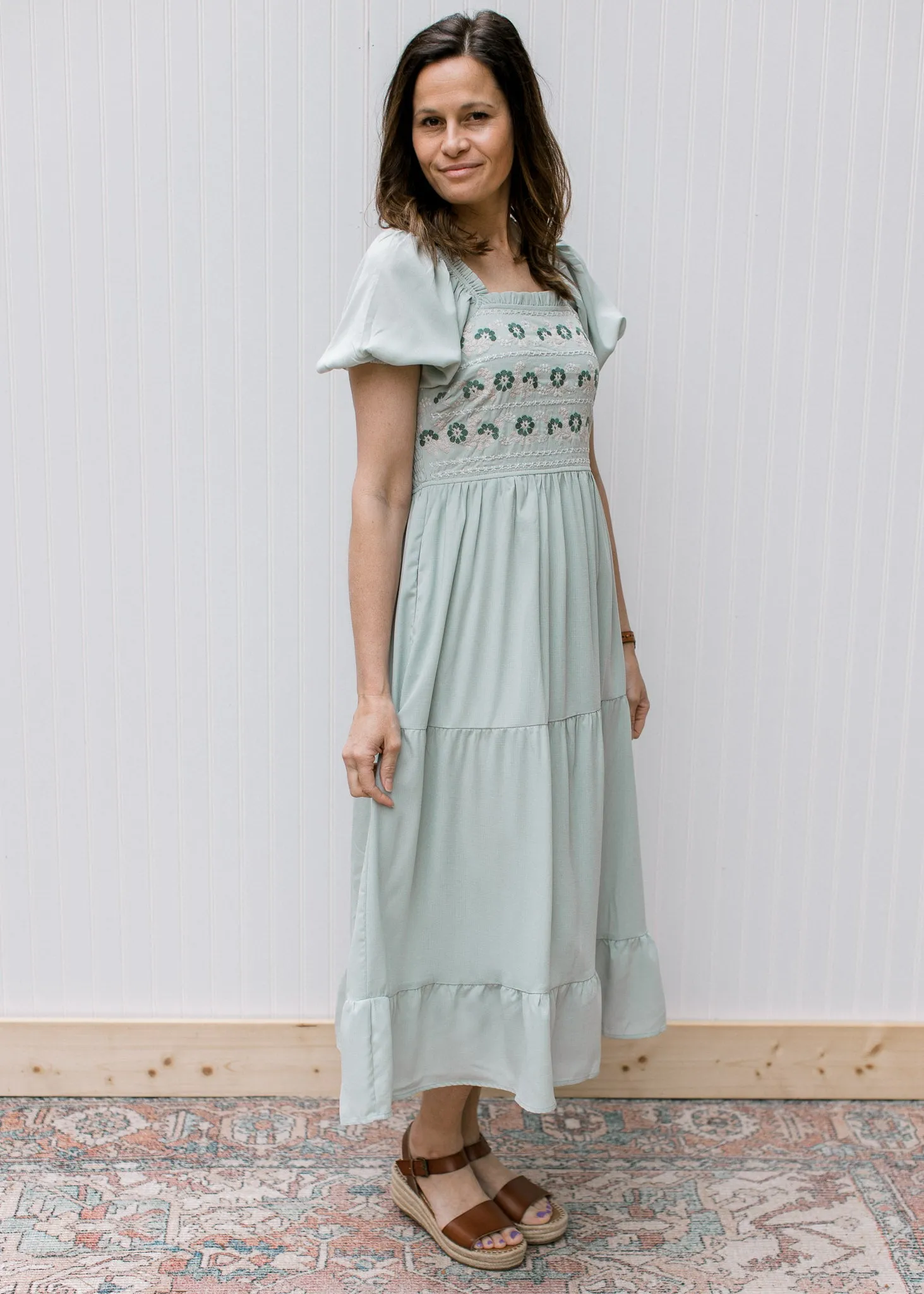 Sage Floral Embroidery Dress